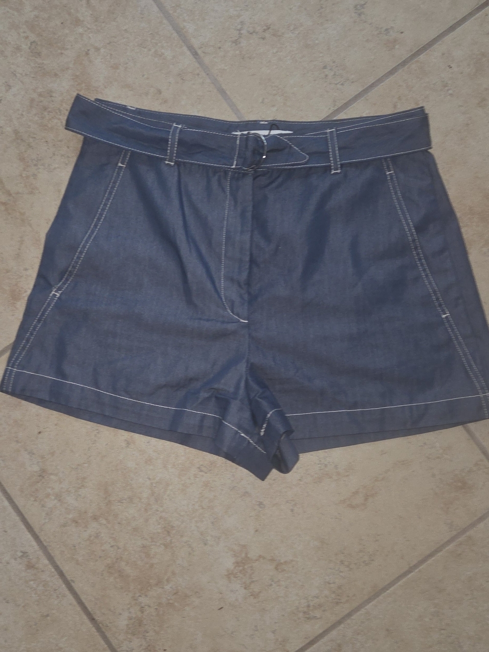 Zara Navy High-Waist Belted Shorts with Stich Detailing Cotton Blend Sz M